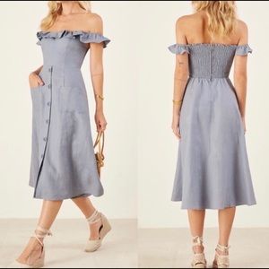 reformation hattie off the shoulder dress XS linen pockets